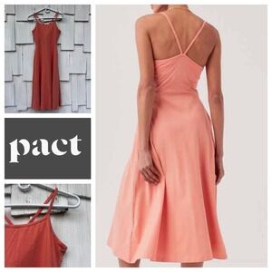 Pact Coral Pink Fit & Flare Midi Dress Shelf Bra Organic Cotton Spaghetti Strap